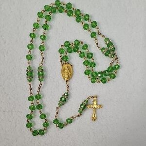 Gold & Green Crystal Rosary Necklace - Women Jewelry